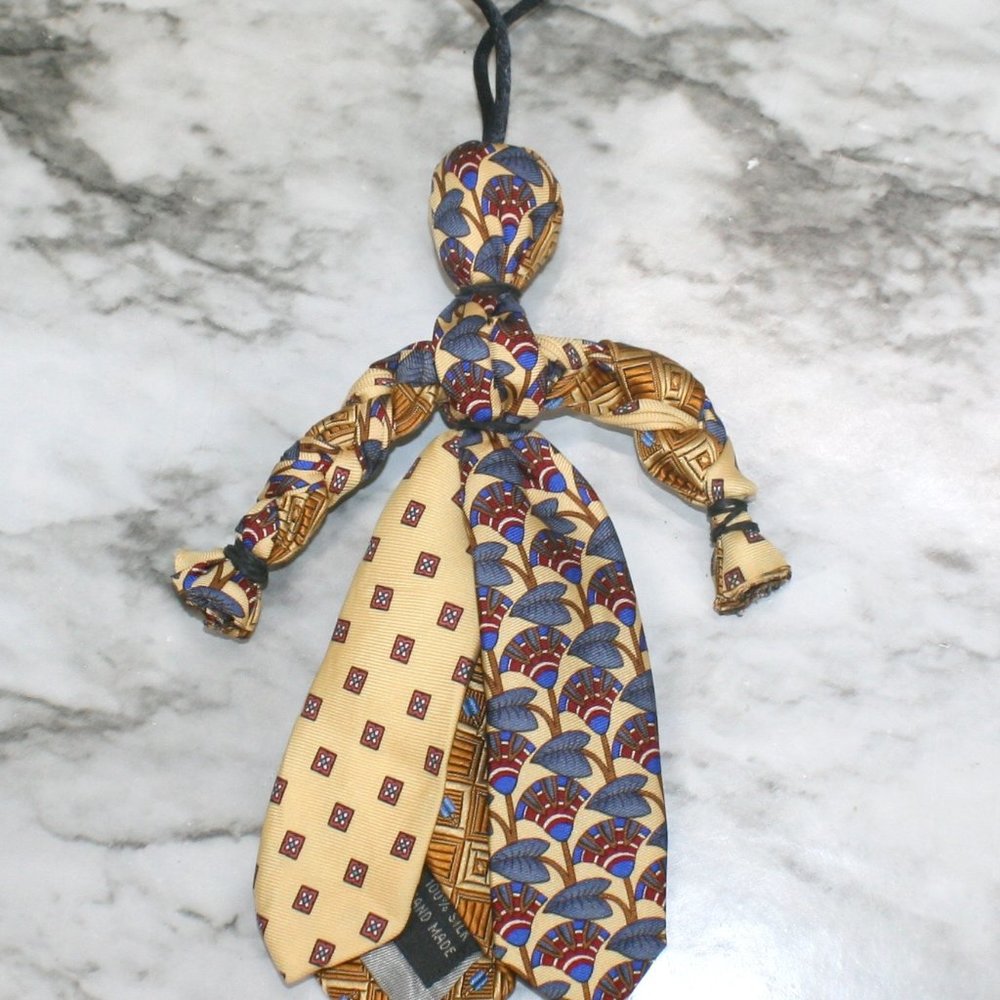 HAND CRAFTED Purse Bag Charm Rag Doll Upcycled Neck Tie Blue Silk Gold - Picture 2 of 12